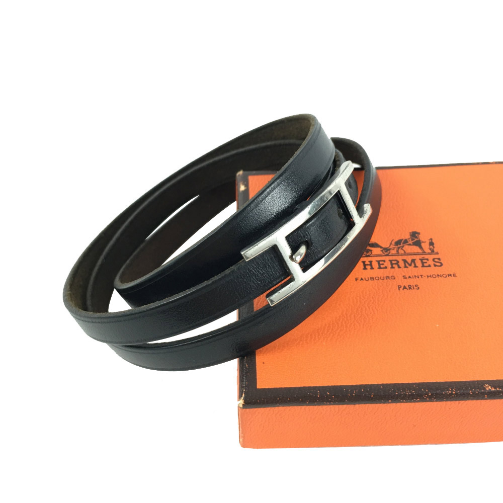 Hermes Infini Clouté Double Tour Bracelet Noir Swift T2 Black Leather